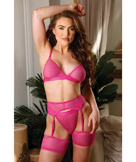 Tease Fallon Geometric Bralette, Garter Belt & Panty Pink L/xl