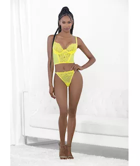 Neon Lace Corset Top W/ring Accent & Panty Neon Lime Lg