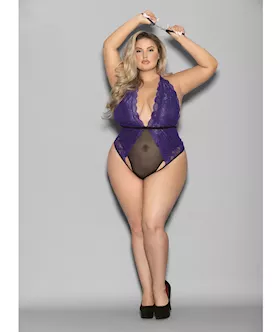 Euphoria Halter Lace amp Mesh Teddy wWrist Restraints PurpleBlack QN