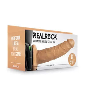 Shots Realrock 8" Vibrating Hollow Strap On W/o Balls - Tan