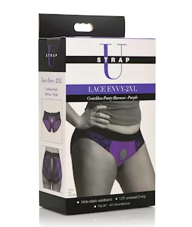Strap U Lace Envy Crotchless Panty Harness - 2xl Purple