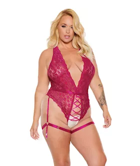 Scallop Stretch Lace Crotchless Teddy wLace Up Front Raspberry OSXL