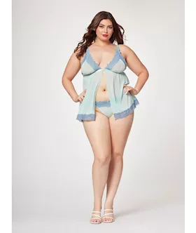 Lace & Mesh Triangle Cup Babydoll & Thong Blue 1x/2x