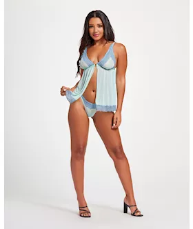 Lace & Mesh Triangle Cup Babydoll & Thong Blue Lg