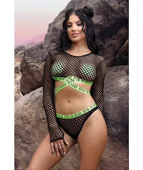 Vibes Fuck Ur Rules Long Sleeve Crop Top, Panty & Pasties Black/green L/xl
