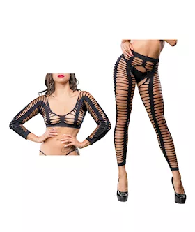 Beverly Hills Naughty Girl Crotchless All Over Straps Mesh Leggings Black O/s