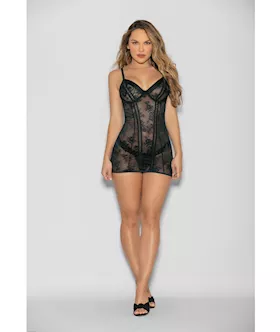 Flame Fetish Boss Lady Lace Up Back Chemise & Wide Band Thong Black Md