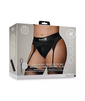 Shots Ouch Vibrating Strap On Thong wAdjustable Garters  Black XLXXL
