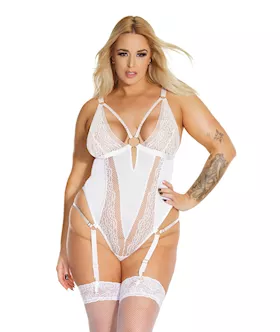 Black Label Net & Scallop Lace Teddy W/adjustable Garters White Os/xl