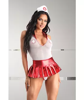 Play Pulse Check Collared Teddy W/open Back, Pleated Skirt, Medic Hat & Pasties Red/white S/m