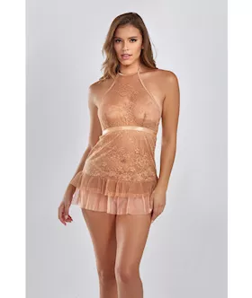 Amber Halter Lace Babydoll W/tiered Pleated Mesh Skirt Hem & G-string Brown Xl