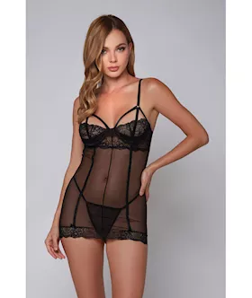 Lea Strappy Lace Chemise & G-string Black 1x