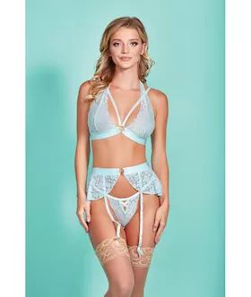Mercedes Cross Dyed Galloon Lace Strappy Halter Bra, Garter Skirt & G-string Light Blue Lg