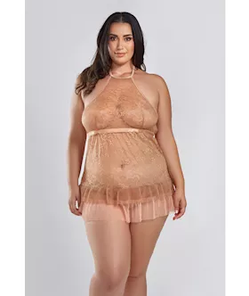 Amber Halter Lace Babydoll W/tiered Pleated Mesh Skirt Hem & G-string Brown 2x