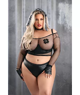 Play Easy Rider Open Cup Bra, Fishnet Top, Panty, Choker, Gloves, Bandana & Pasties Black 1x/2x