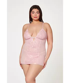 Floral Mesh Chemise & G-string Pink 1x/2x