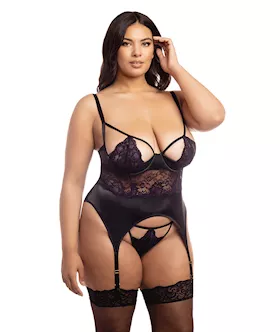 Demi Padded Shelf Cup Merrywidow W/overlay Lace & Panty Black/heliotrope 1x