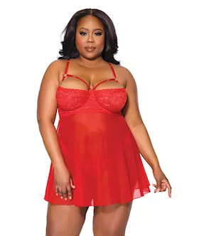 Holiday Scallop Stretch Lace & Mesh Babydoll & Thong Red/gold 3x/4x