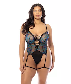Lola Unlined Underwire Embroidered Teddy W/attached Garter Stays - Black 1x