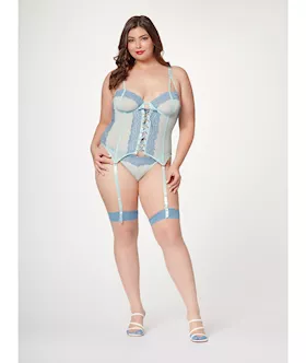Lace & Mesh Bustier W/lace Up Center, Garter Belt & Thong Blue 3x/4x