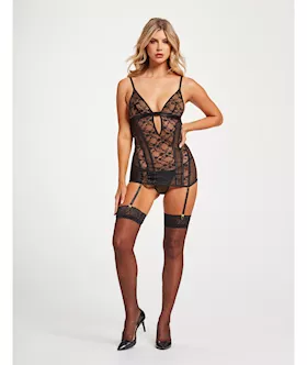Lace amp Mesh Triangle Cup Chemise wGarters amp Thong Black LG