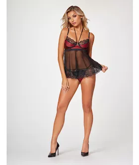 Satin & Lace Halter Demi Cup Babydoll & Thong Black/wine Sm