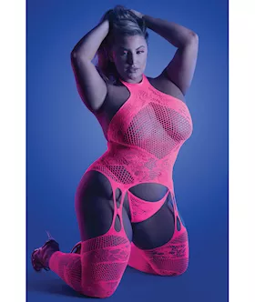 Glow Captivating Halter Bodystocking & G-string Neon Pink Qn