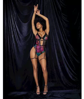 Flower Print Mesh Underwire Teddy W/detachable Garter Straps Multi Color S/m