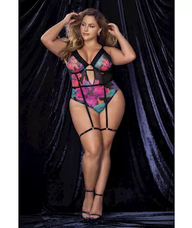 Flower Print Mesh Underwire Teddy W/detachable Garter Straps Multi Color 3x/4x