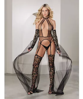 Private Dancer Gartered Teddy W/thigh High Stocking & Detachable Train Black Sm
