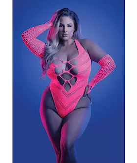 Glow Flashback Black Light Reactive Rhinestone Teddy W/gloves (Or Leg Warmers) - Neon Pink Qn