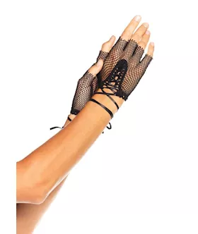 Fishnet Fingerless Lace Up Gloves