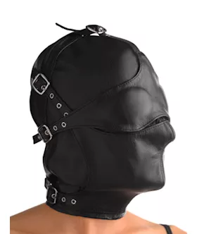 Asylum Leather Hood With Removable Blindfold And Muzzle- Sm