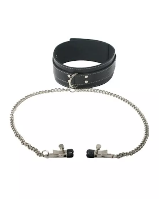 Strict Leather Collar with Nipple Clamps