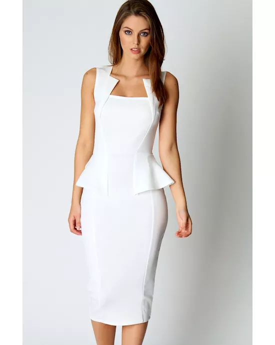 abi neck detail sleeveless midi dress in white
