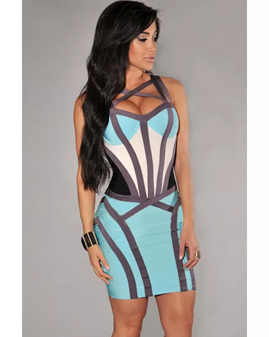 aqua strappy faux corset bandage dress