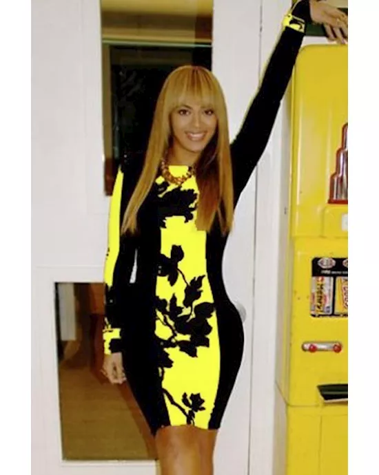 beyonce black yellow leaf print colorblock bodycon midi dress