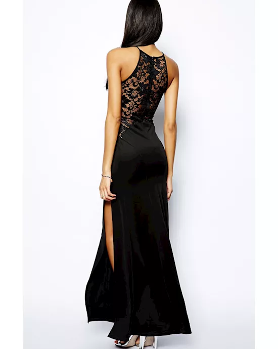 black lace splicing maxi evening dress
