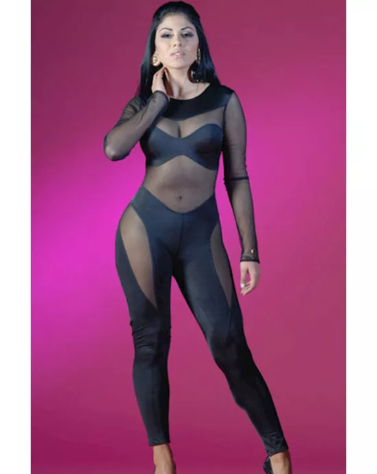 black mesh cutout long sleeved jumpsuit