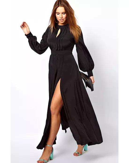 black frilled maxi dress with bell sleeves