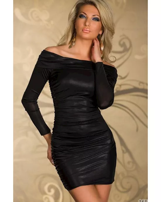 black ruched off-shoulder sleeves mini dress