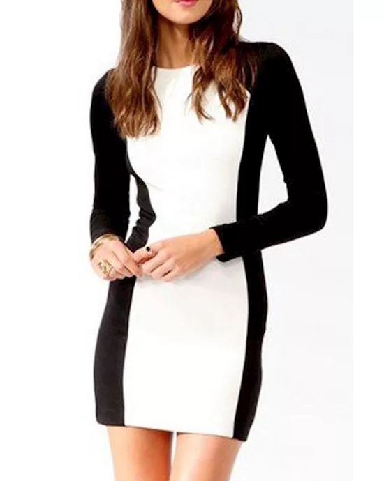 black white ol style long sleeves round neck mini dress