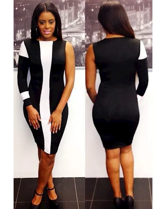 black&white single long-sleeve bodycon dress