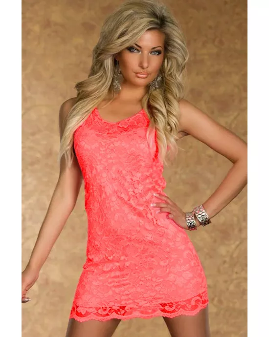 fluorescent pink lace tank bodycon dress
