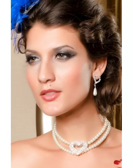 Heart Pearl and Rhinestone Necklace And Earrings Set