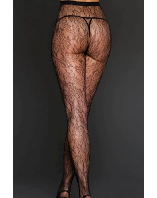 Black Gardenia Print Lace Pantyhose