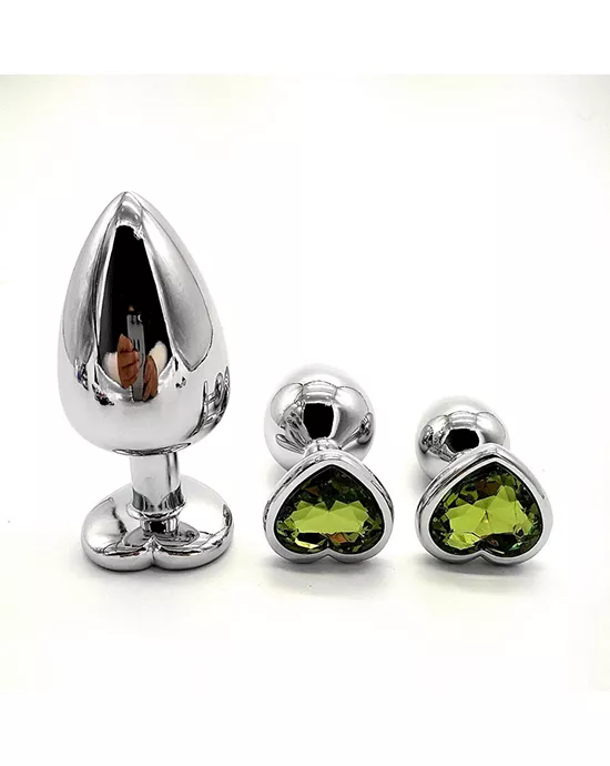 Chrome Butt Plug with Green Heart Shaped Jem