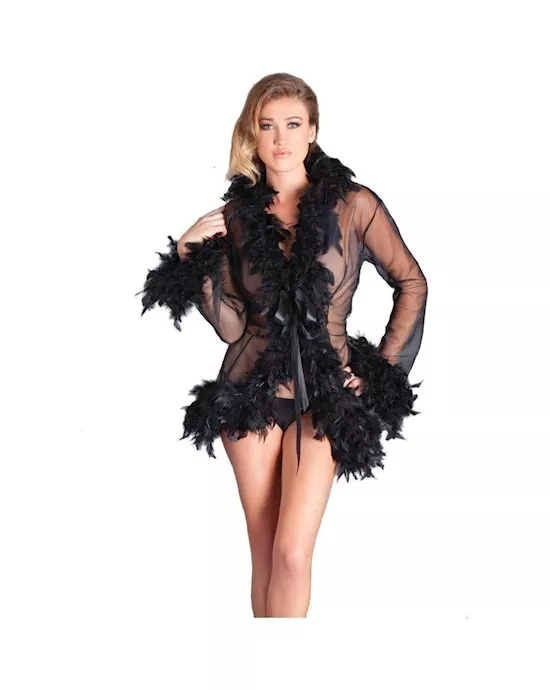 Knee Length Feather Robe with Ribbon Ties - O/S