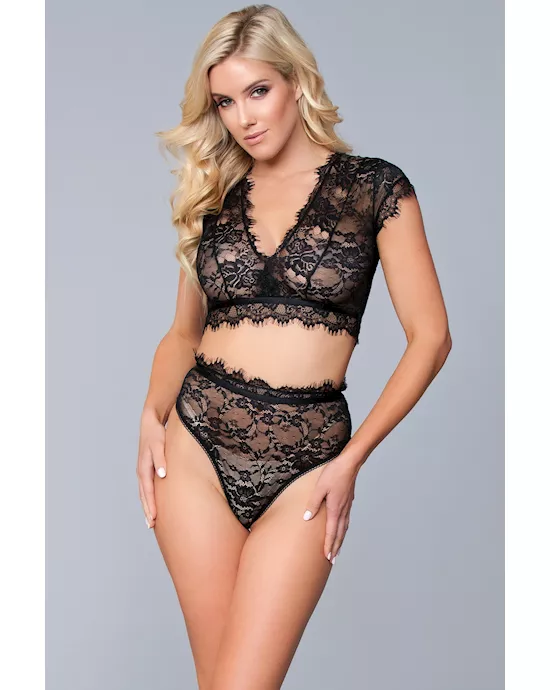 Two Piece Lace Eyelash Crop Bralette and High Waist Thong Set