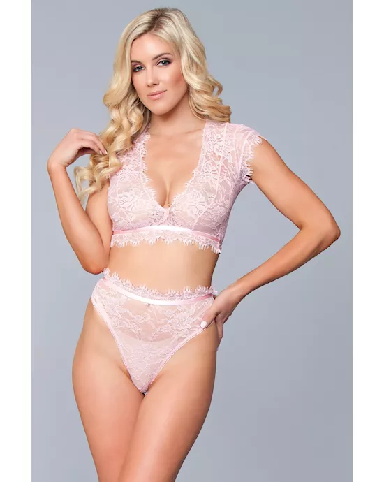 Two Piece Lace Eyelash Crop Bralette and High Waist Thong Set